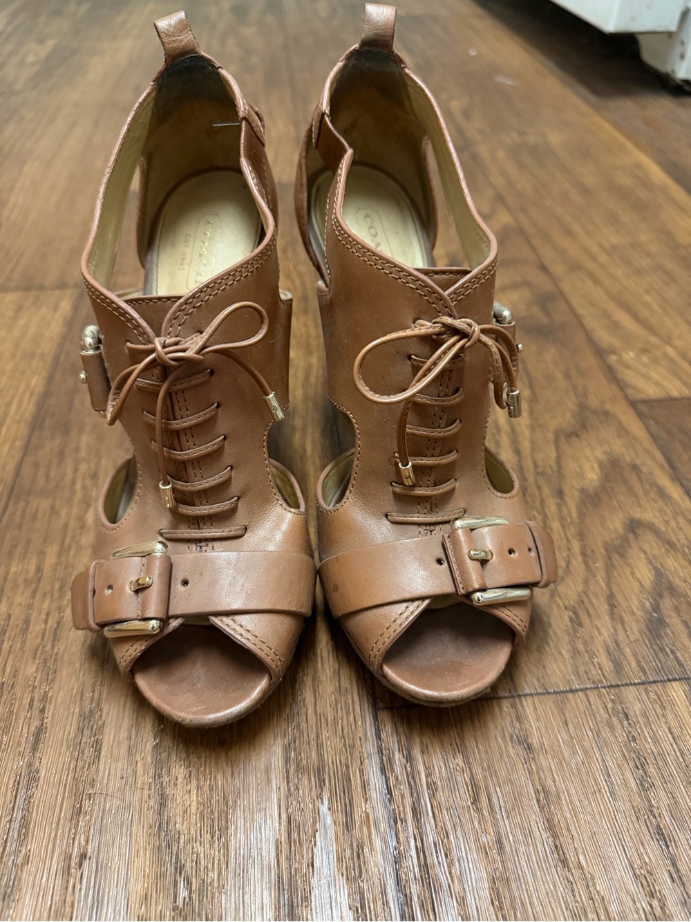 Coach Vintage Women's Open-Toe Buckle Lace-Up Heeled Sandals — Tan Size 8.5